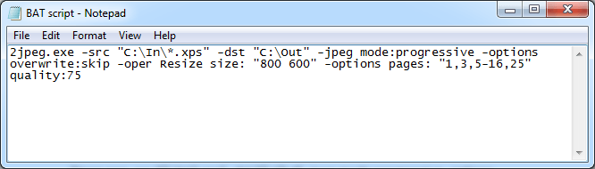 Plik wsadowy do ustawiania zautomatyzowanej konwersji plików XPS na JPG o różnych parametrach