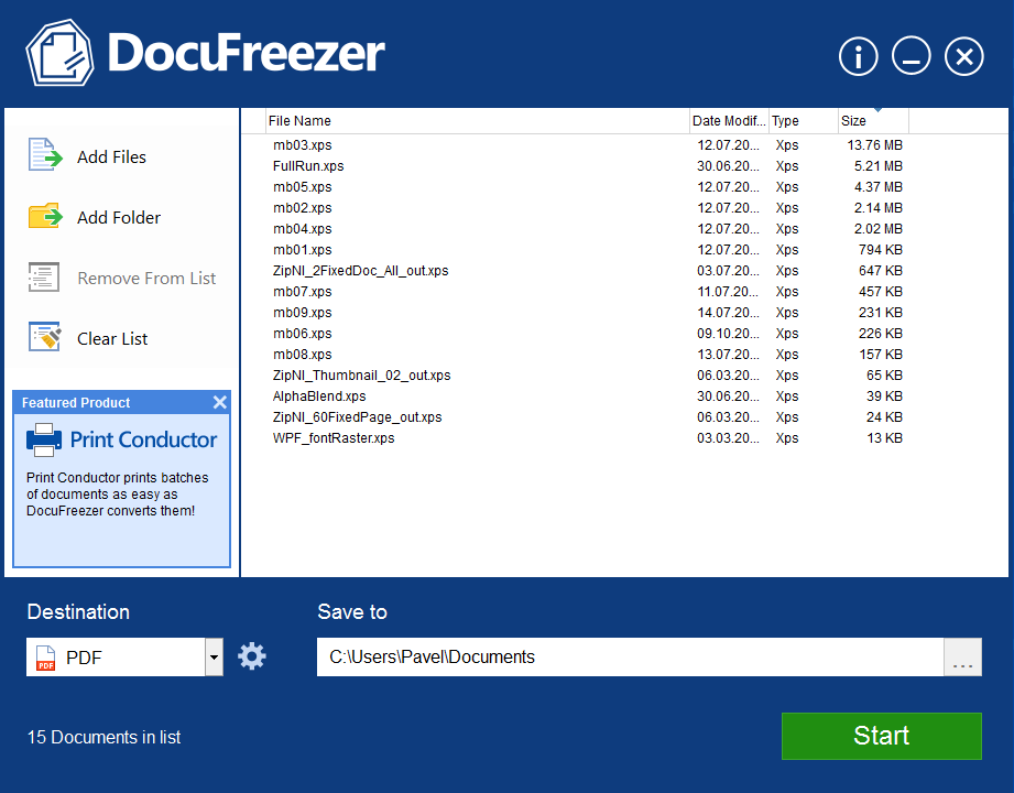 Konwertuj wiele plików XPS do formatu PDF za pomocą DocuFreezer